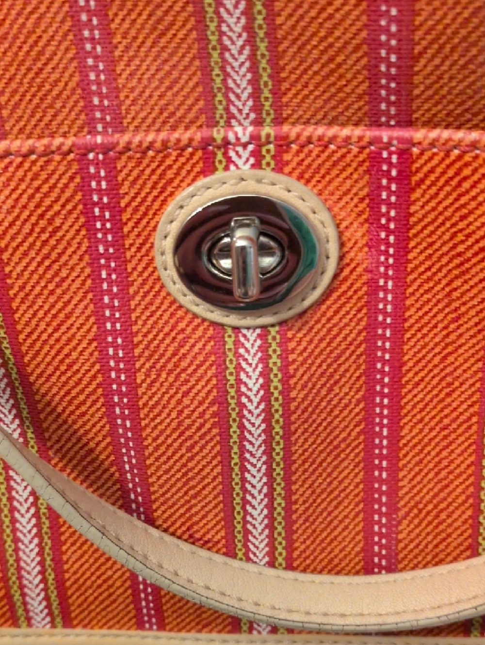 Coach Orange and Pink Stripe Canvas Shoulder Bag with Cream Trim - Picture 5 of 16
